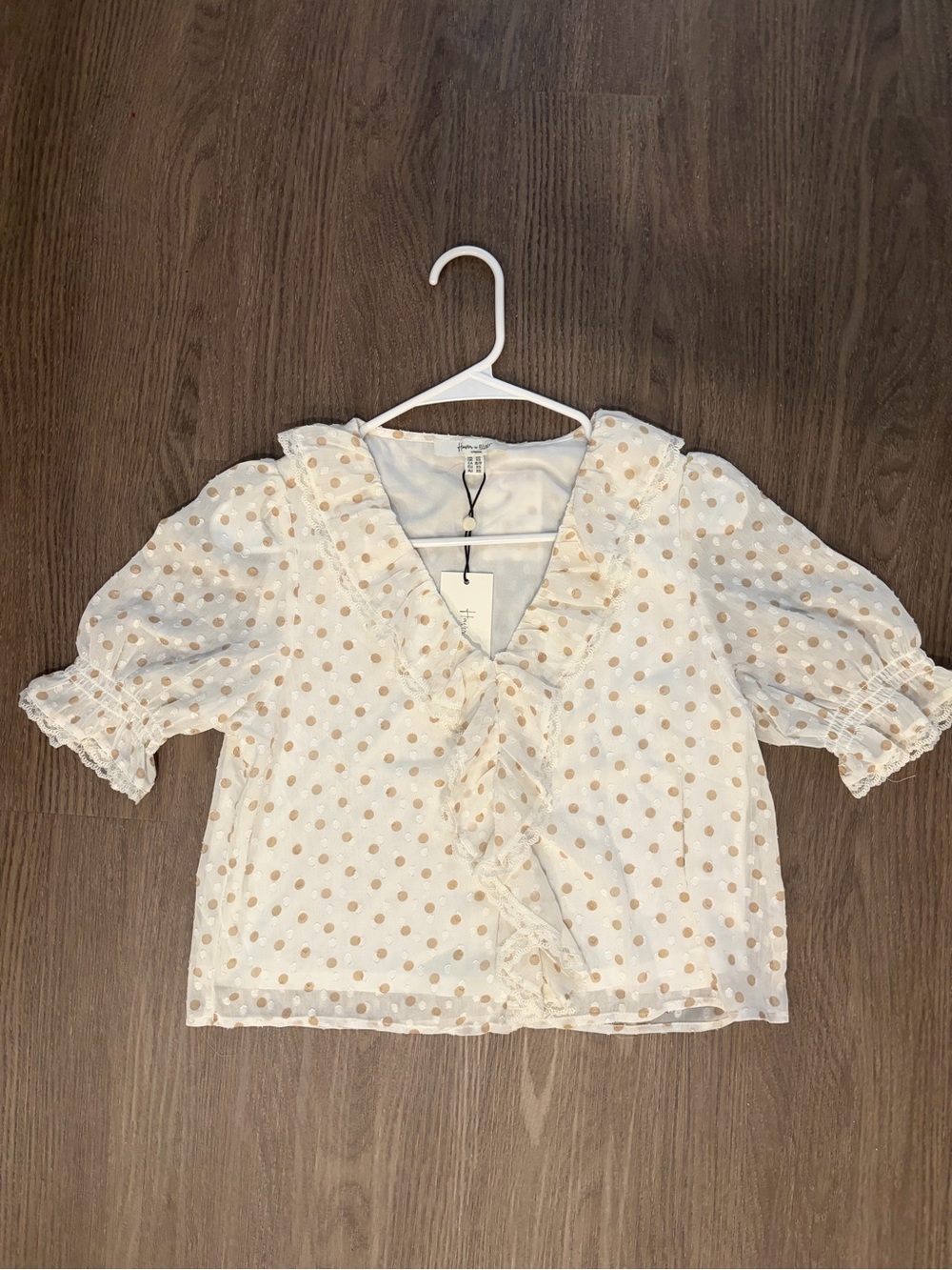 NWT Lightweight White Blouse with Tan Polka Dots and Ruffle Front